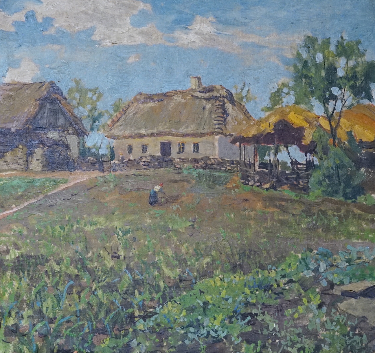 Galea, oil on board, Maltese farm scene, pencil inscription verso, 33 x 35cm